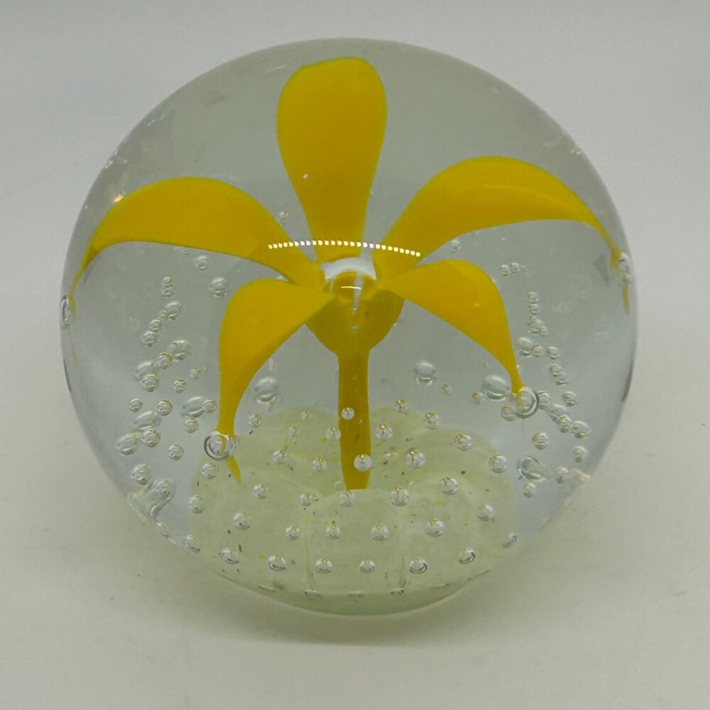 Wheaton Glass Controlled Bubble Paperweight With Yellow Flower Design - Picture 4 of 16